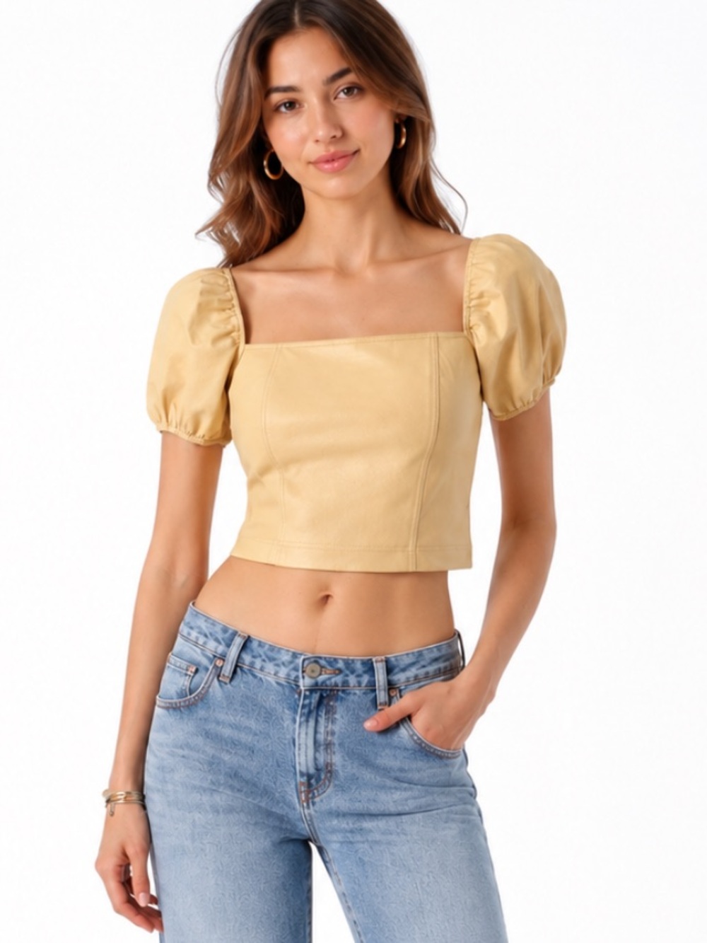 7 For All Mankind Faux Leather Puff Sleeve Corset Crop Top Cream Medium 7FAM